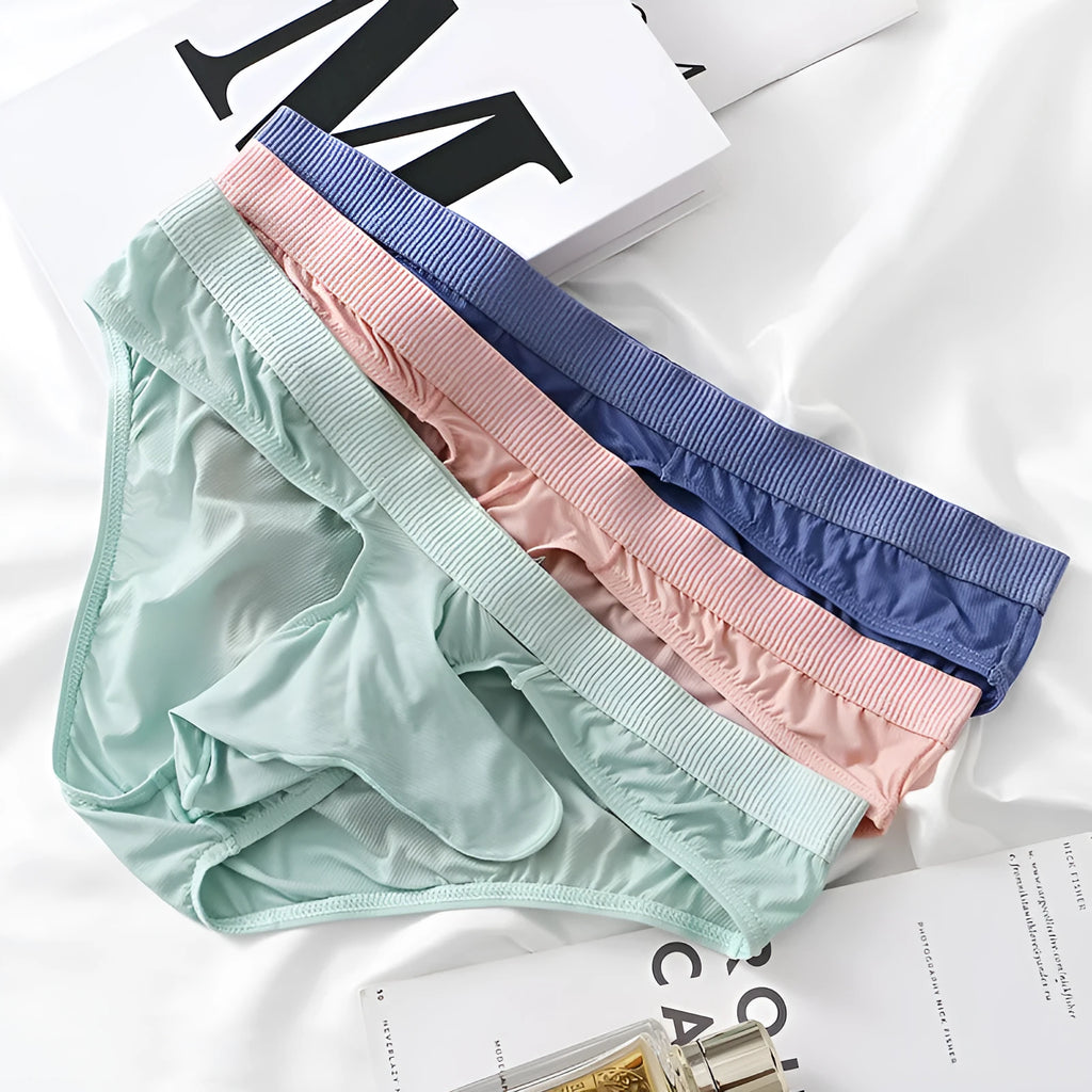 Men's low waist Ice Silk briefs in five colour options showing briefs style and fabric texture