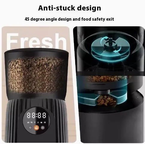 Black and white intelligent pet feeder with automatic timing and quantitative remote control via smartphone app