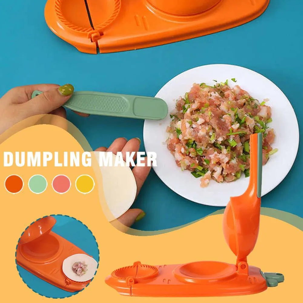 Orange and white plastic dumpling maker tool with ergonomic handle and 2-in-1 design