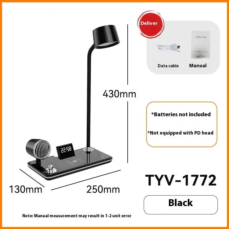 Black or white wireless charging desk lamp with digital clock display and LED eye-protection light