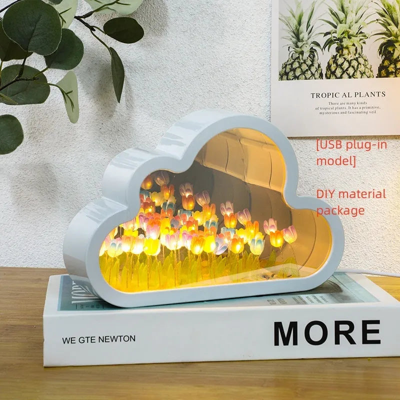 DIY cloud tulip decorative night lamp with LED lights and mirror surface for bedroom or desk