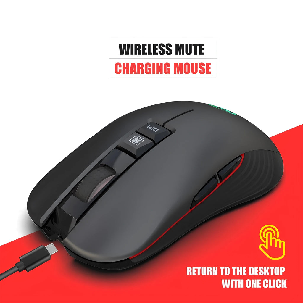 Black wireless gaming mouse with RGB lighting showing adjustable DPI buttons and ergonomic design