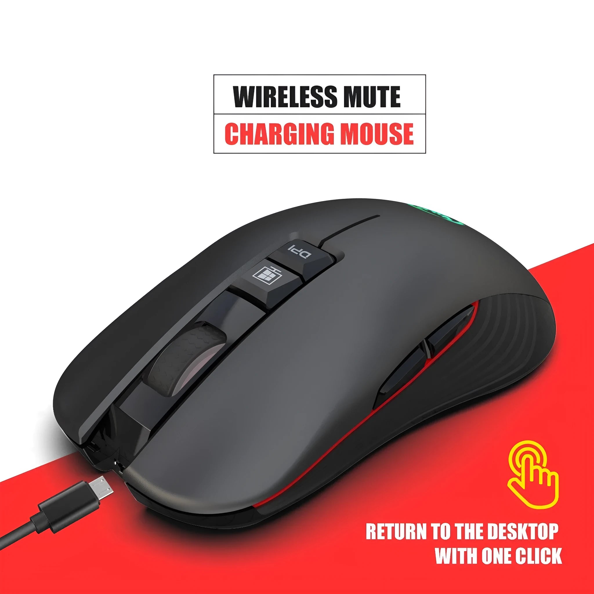 Black wireless gaming mouse with RGB lighting showing adjustable DPI buttons and ergonomic design