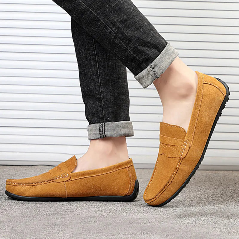 Men's suede slip-on loafers in multiple colours with round toe and rubber sole