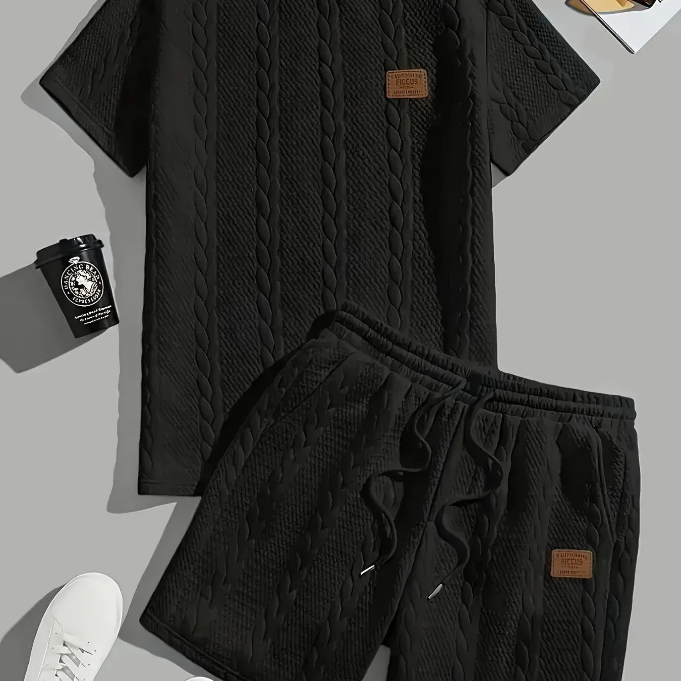Men's black sports two-piece set with short sleeve rib T-shirt and matching shorts