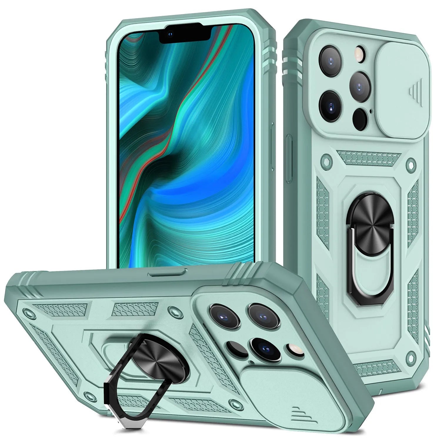 Magnetic sliding window back cover case for Apple iPhone on a grey green and pink background