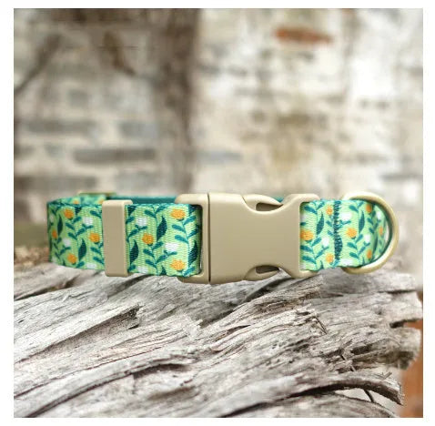 Floral pattern nylon ribbon dog collar in hanada blue with adjustable sizing for small to large dogs