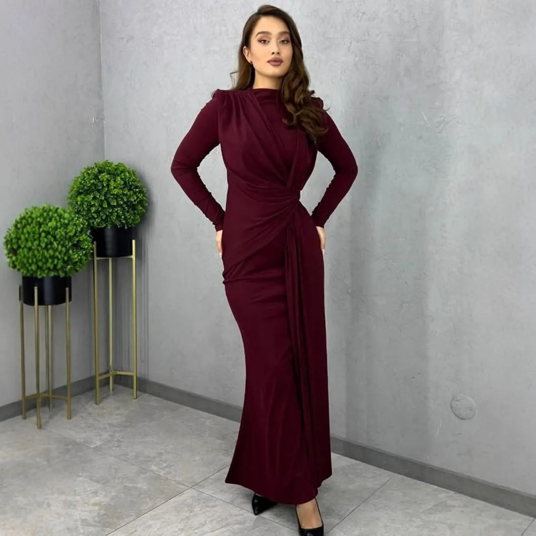 Long sleeve fitted waist pleated long dress in solid colour high waist one-step style