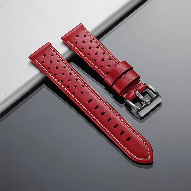 New business hollow-out first layer cowhide watch strap in six colour options on white background
