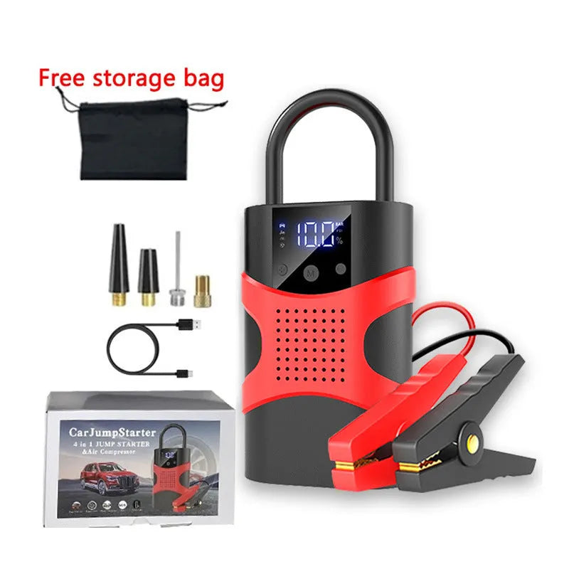 Portable car emergency jump starter with digital display air pump on a dark background