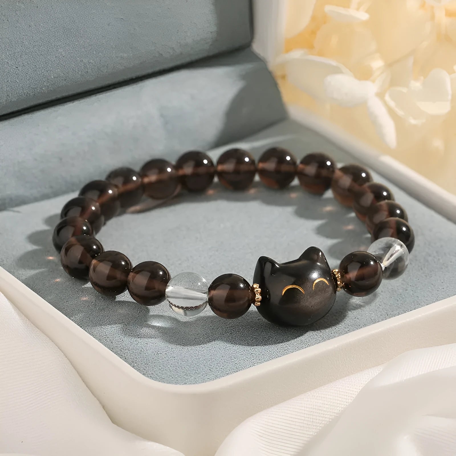 Women's opal cat head bracelet with 8mm ice stone beads and adjustable chain in natural silver stone colour