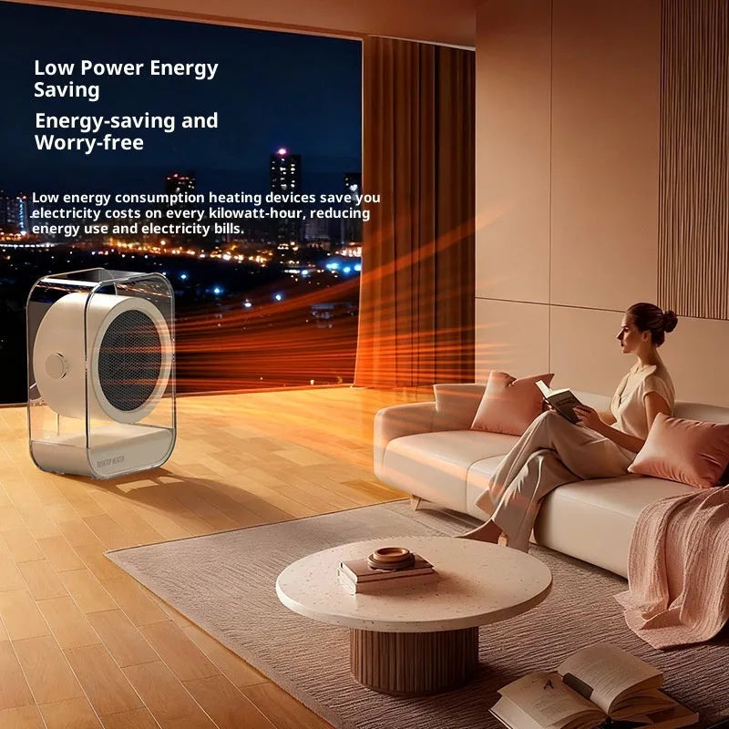 Beige desktop heater with two fan speed buttons and front grille, 196x266mm, 500W