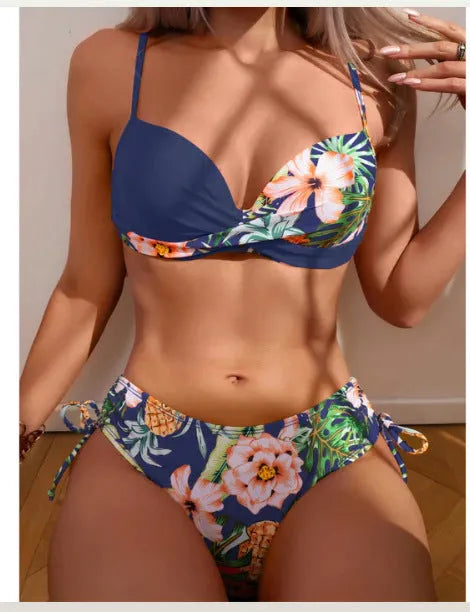 Women's green push-up bikini with side drawstring ties, showing two-piece swimsuit set.