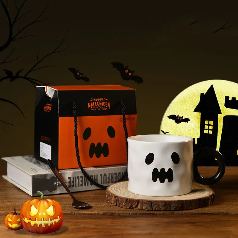 Halloween pumpkin ceramic mug with handle, spoon, and gift box in orange or white