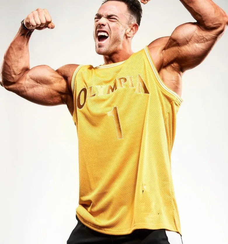 Breathable sleeveless polyester gym training top in yellow flower colour on model