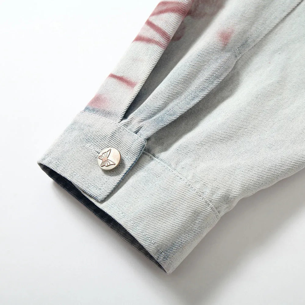 Blue inkjet tie-dyed cotton denim loose jacket for men, long sleeves, straight hem, casual wear