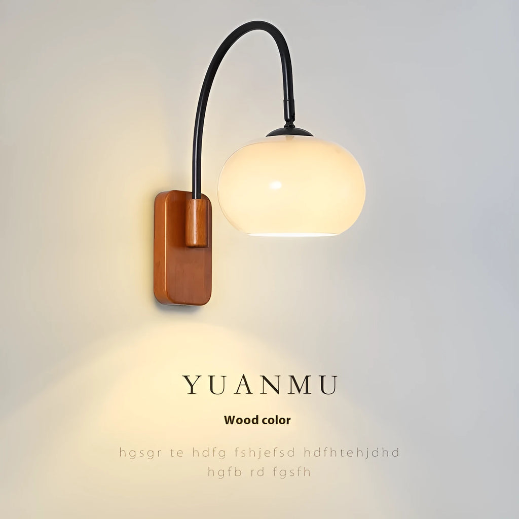 Creative retro glass wall LED lamp with walnut colour iron finish and milky white 32cm shade