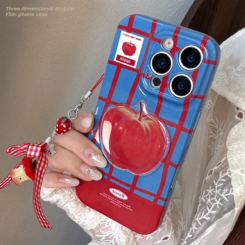 Color-block checkered 3D fruit print full-coverage phone case with little cat pendant for iPhone blue red grid