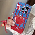 Color-block checkered 3D fruit print full-coverage phone case with little cat pendant for iPhone blue red grid