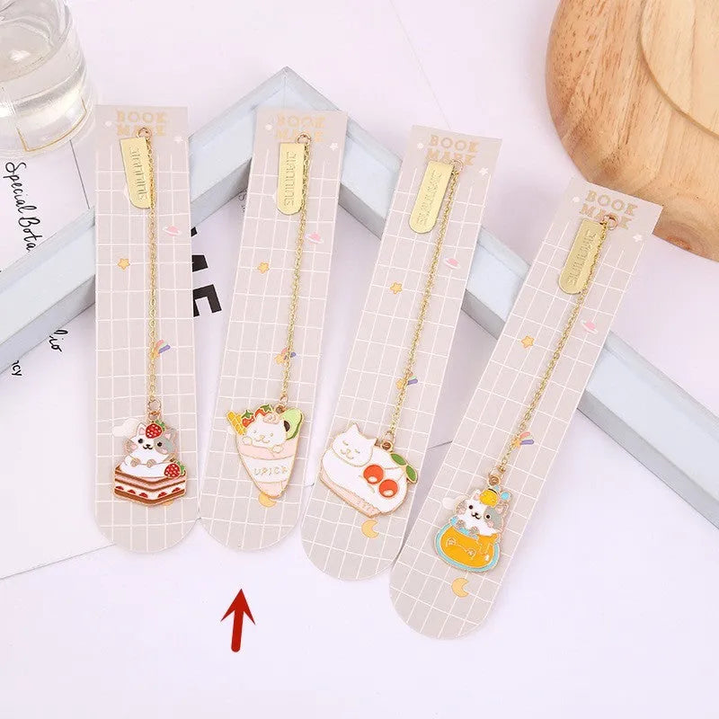 Jane Key Foodie metal bookmark with cartoon cat design, showing four style options including Strawberry Cake Cat.