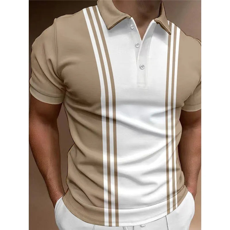 Men's loose-fit casual T-shirt with a printed three-button lapel on the front.