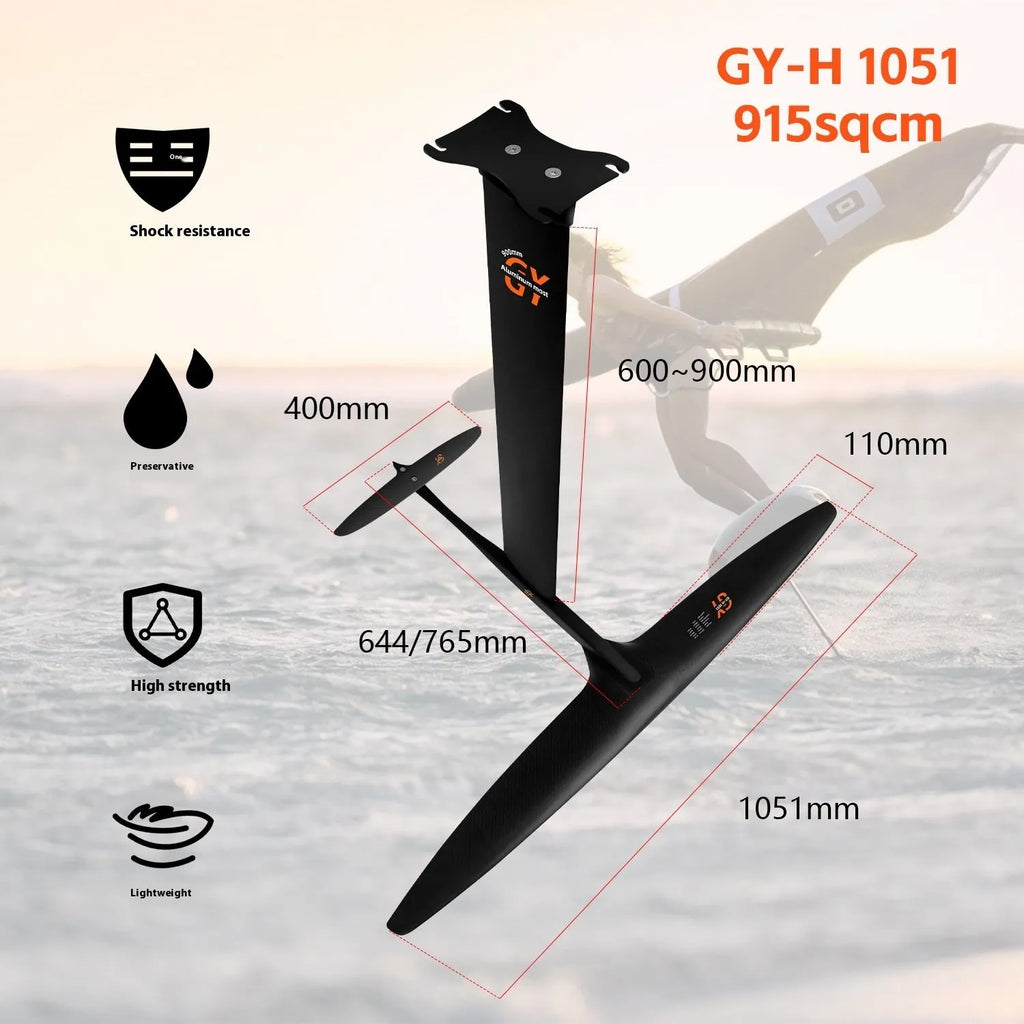 Black carbon fibre and aluminium alloy racing hydrofoil for surfboards with a large front wing.