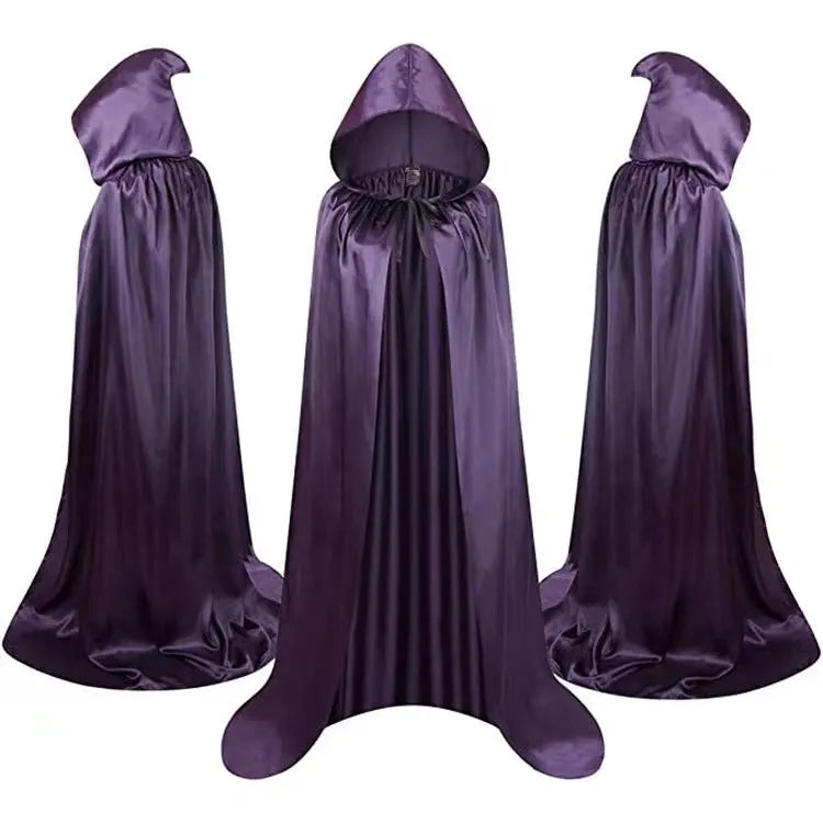 Black satin Halloween cloak with hood for costume parties