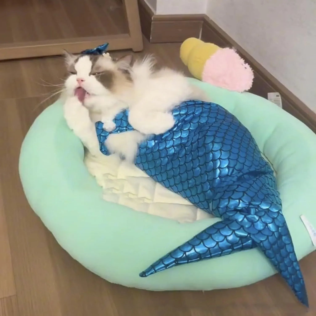 Blue pet mermaid costume with scale pattern on a cat, showing elastic chest strap and long fishtail.