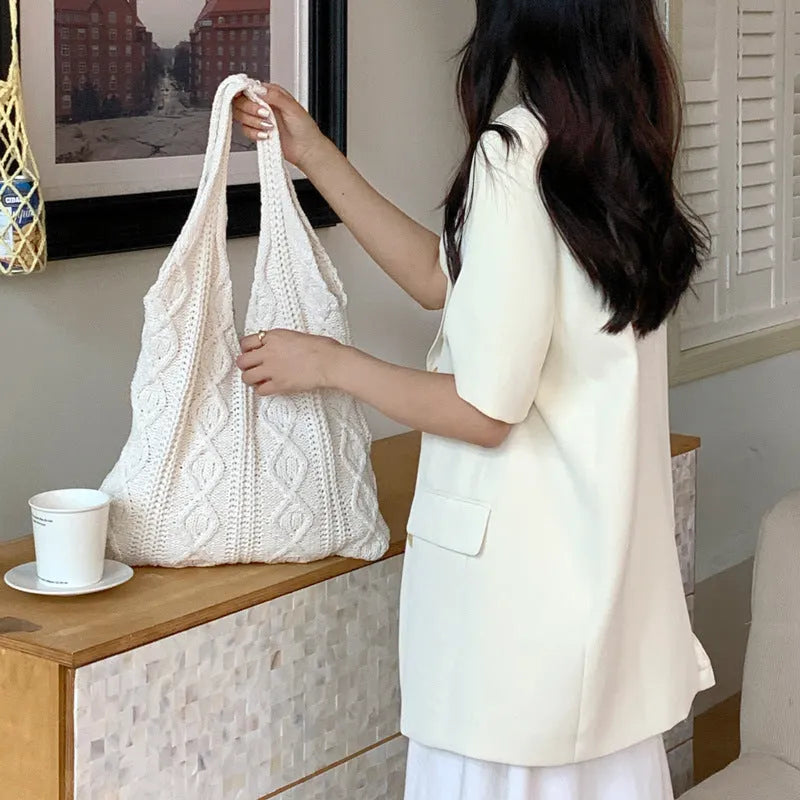 GWomen retro hollow knitted woolen yarn shoulder tote bag in khaki, large 55x37cm size, double straps