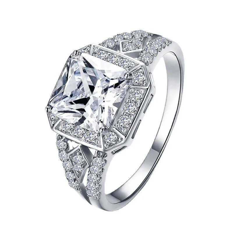 Geometric zircon women's ring with hollow ornament design in platinum colour