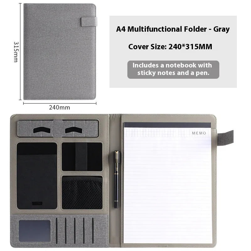 Leather A4 business folder in black, open to show 35mm thick plate and space for documents