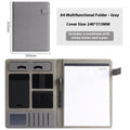 Leather A4 business folder in black, open to show 35mm thick plate and space for documents