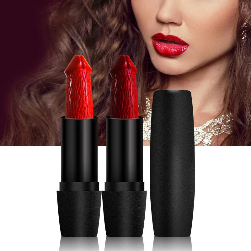 Beauty Creative mushroom head matte lipstick in black tube, shade Rose Red colour swatch