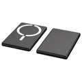 Ultra-thin 9mm magnetic power bank in dark grey, silver, black, or violet with alloy shell.