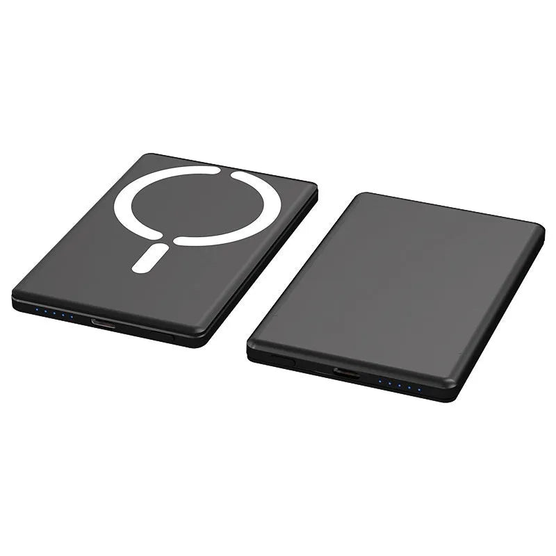 Ultra-thin 9mm magnetic power bank in dark grey, silver, black, or violet with alloy shell.