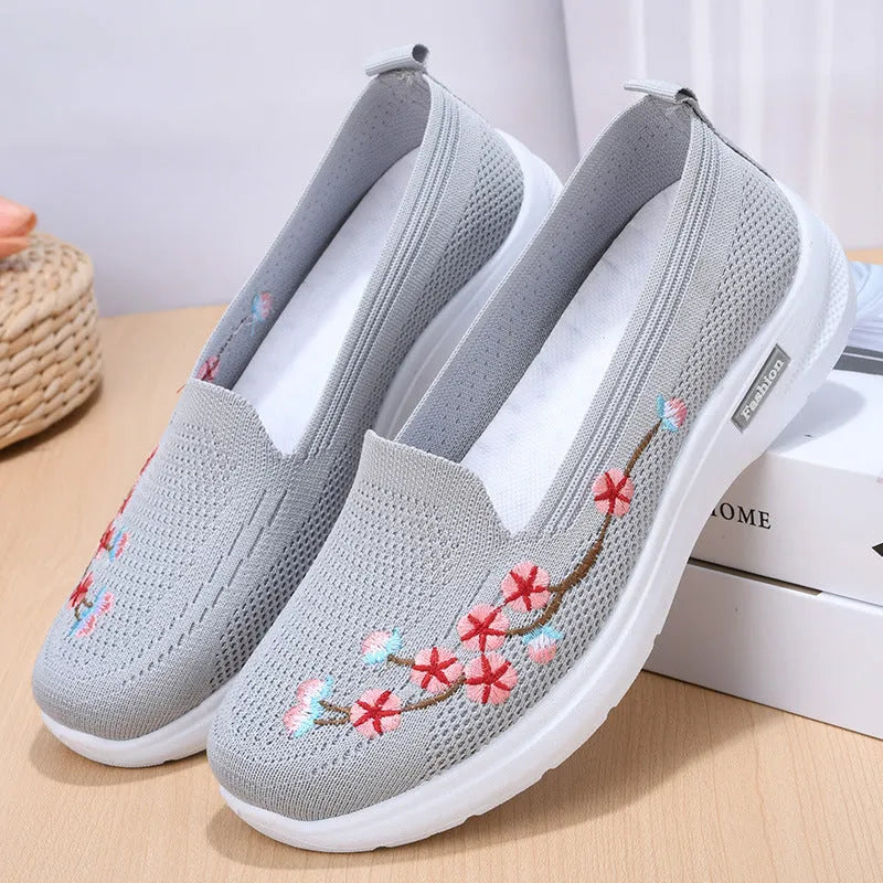 Women's embroidered woven casual pump in wine red with flat low heel and anti-slip sole