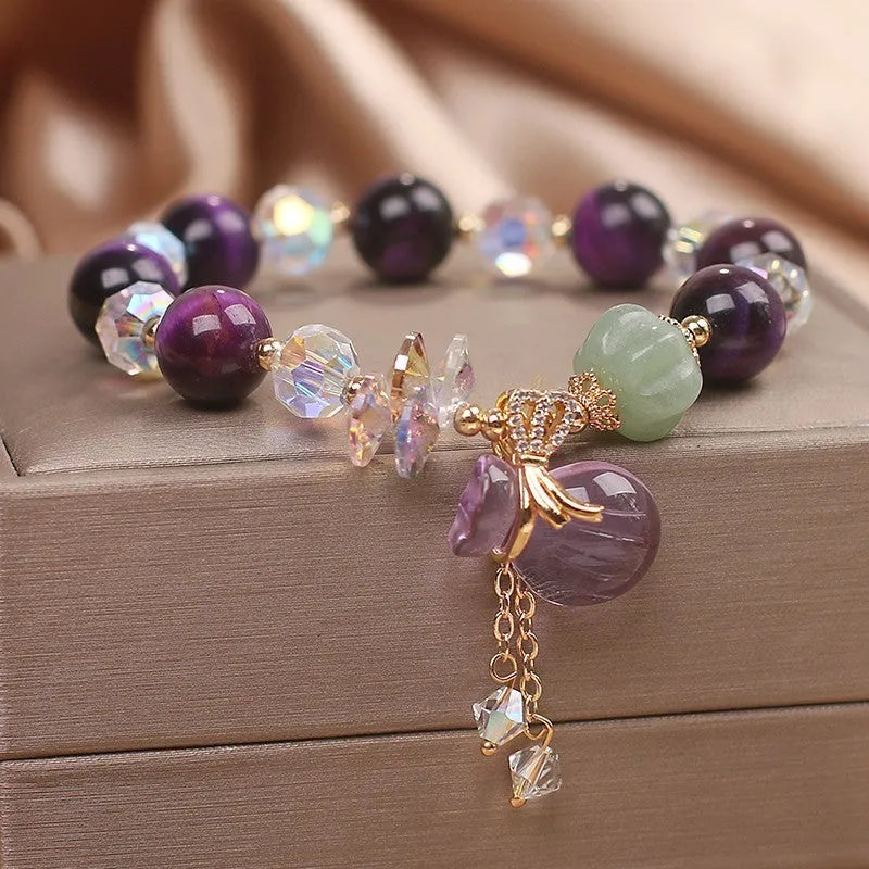 Forest style women's crystal bracelet with purple tigereye money bag pendant and rhinestone decoration