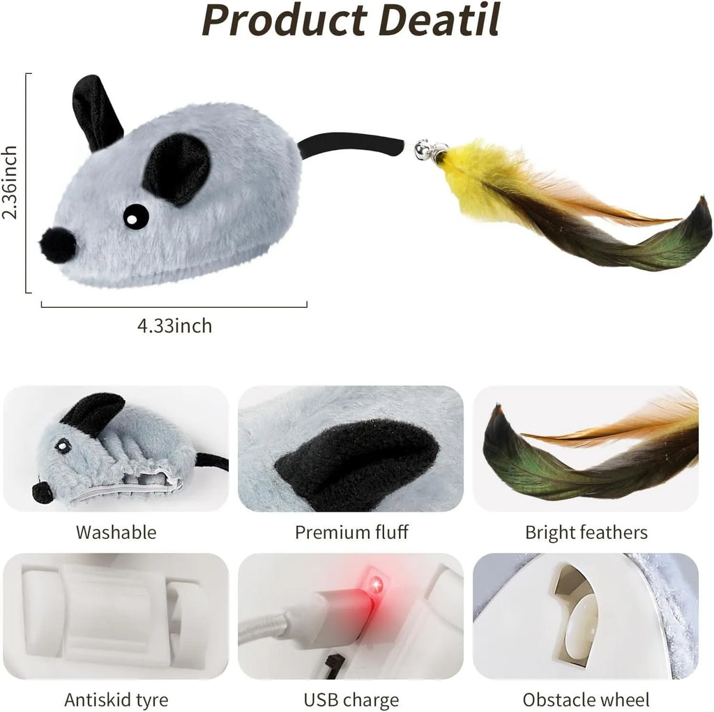 Grey and yellow plush automatic cat toy mouse with feather tail and LED lights