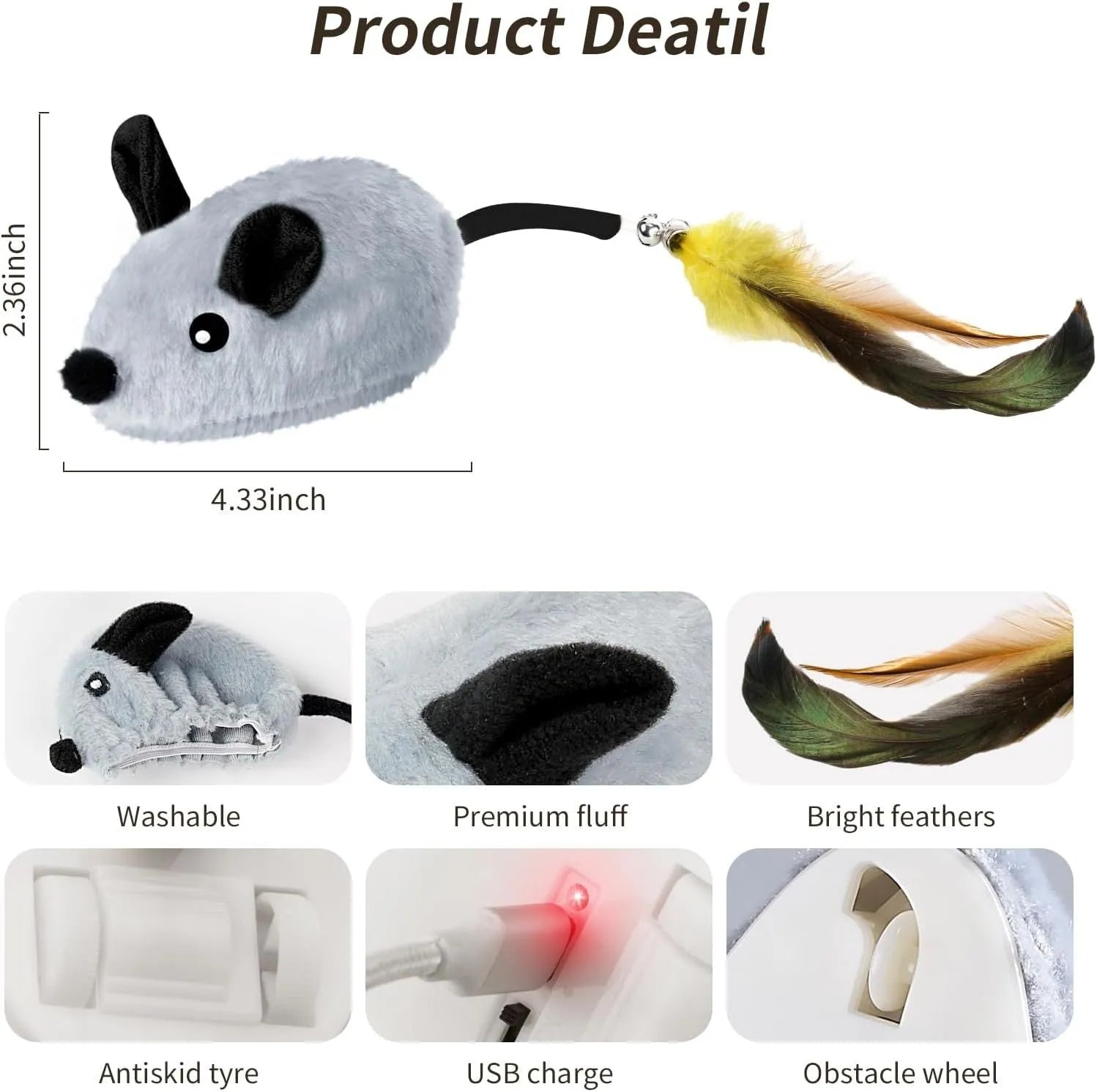 Grey and yellow plush automatic cat toy mouse with feather tail and LED lights