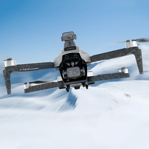 White folding quadcopter drone with camera and obstacle avoidance sensors on a remote control.
