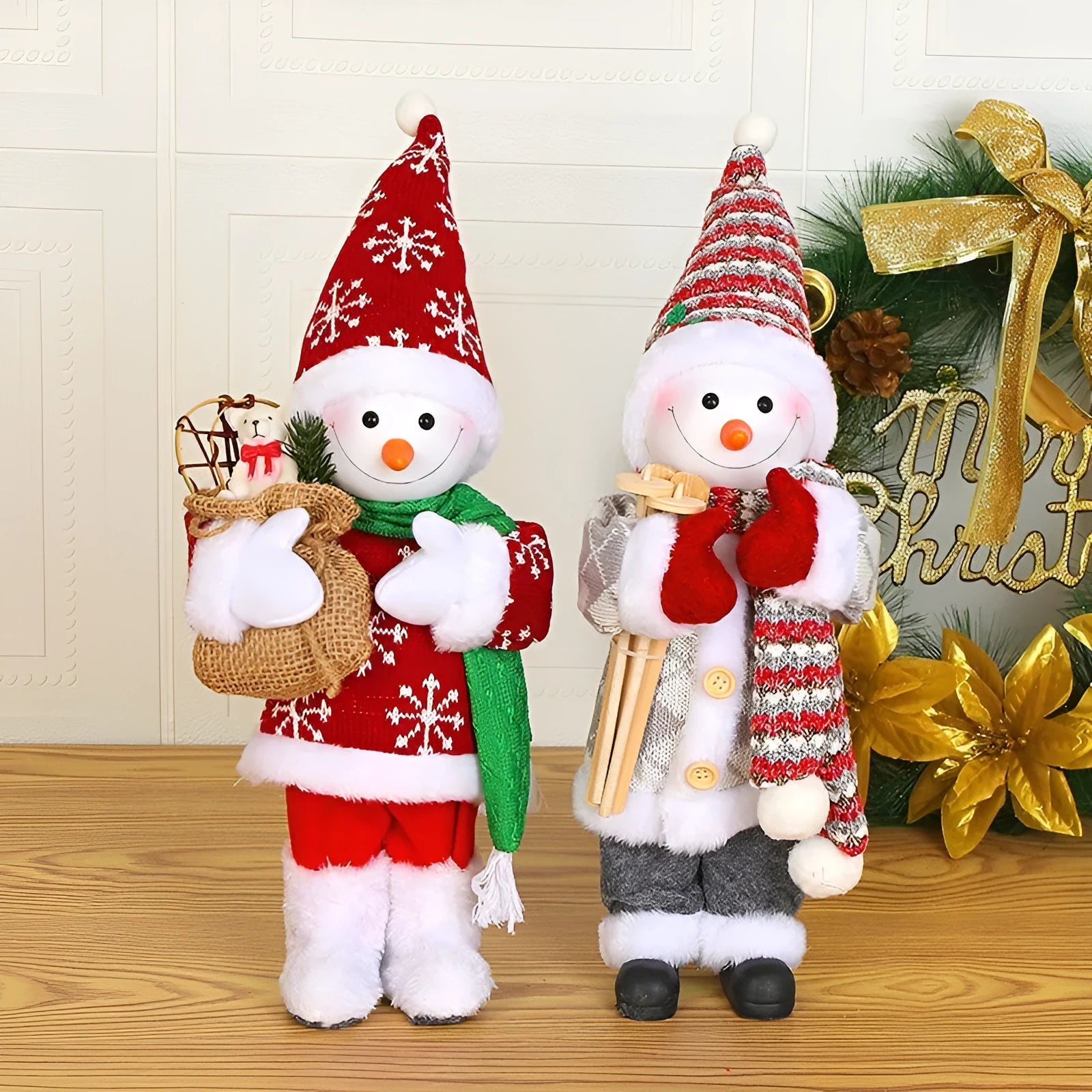 30cm Christmas doll ornament with plastic and cloth construction in red and silver sequins and snowman designs