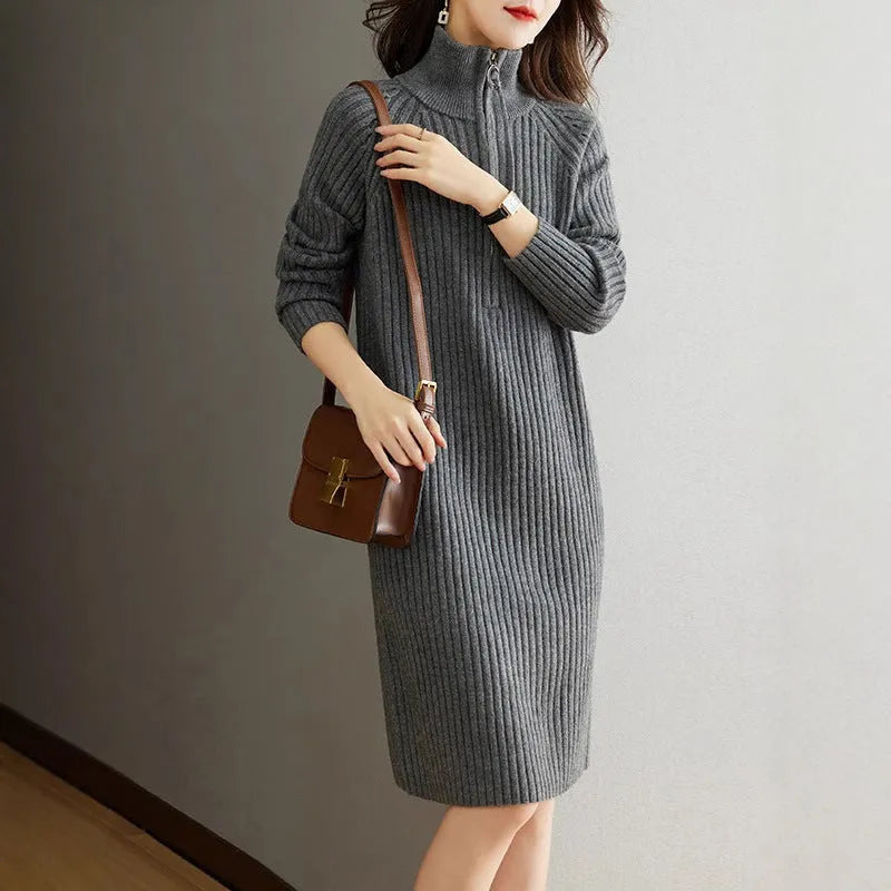 Beige half zip woolen skirt with stand collar and long sleeves