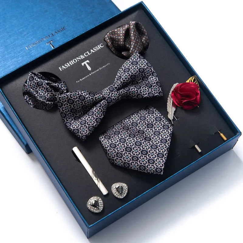 Men's 8-piece rayon jacquard bow tie set, heart shape arrow style, monochrome pattern, 146cm length