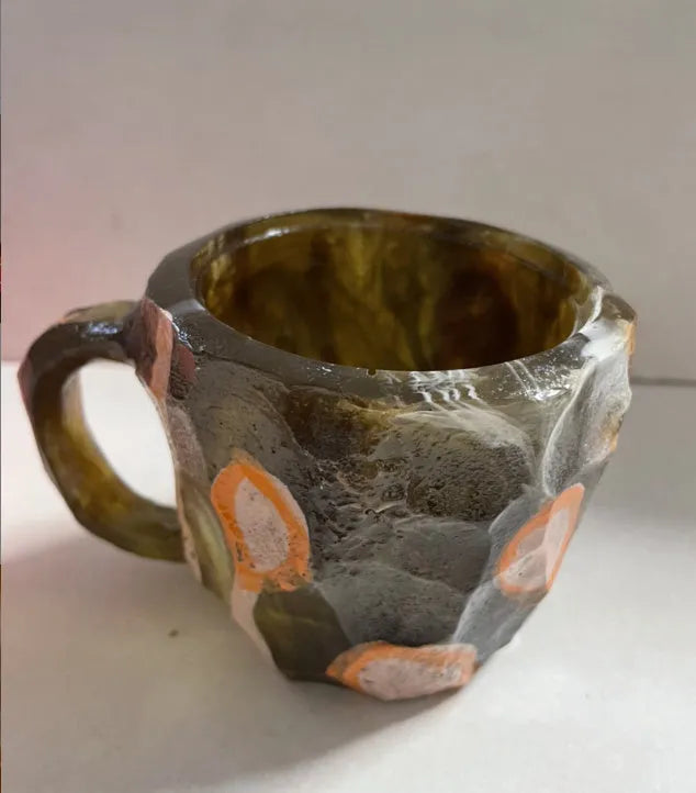 Resin mineral crystal coffee mug with handle showing clear design and colour options