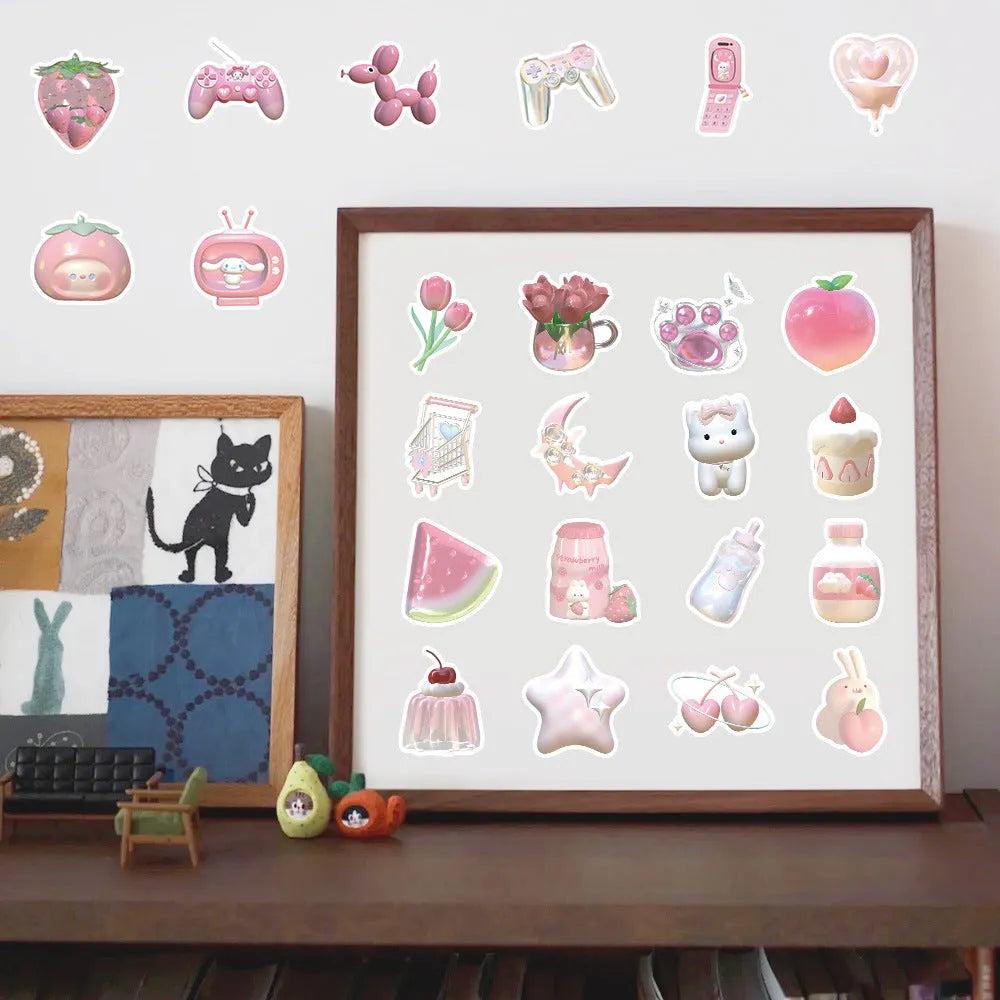 Sheet of 63 pink girl heart decorative stickers with 3D effect in cute style