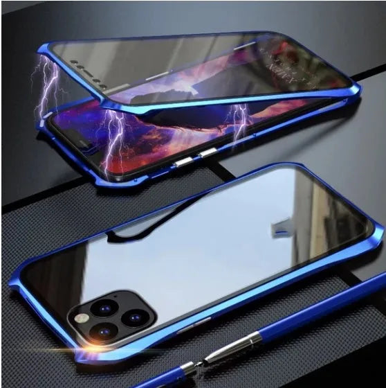 Black metal and glass magnetic protective case for iPhone 11, shown alongside red, blue, and silver colour options.