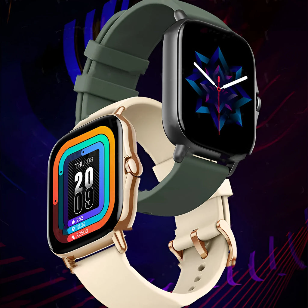 GT20 black smartwatch with alloy case and silicone strap showing heart rate monitoring on screen