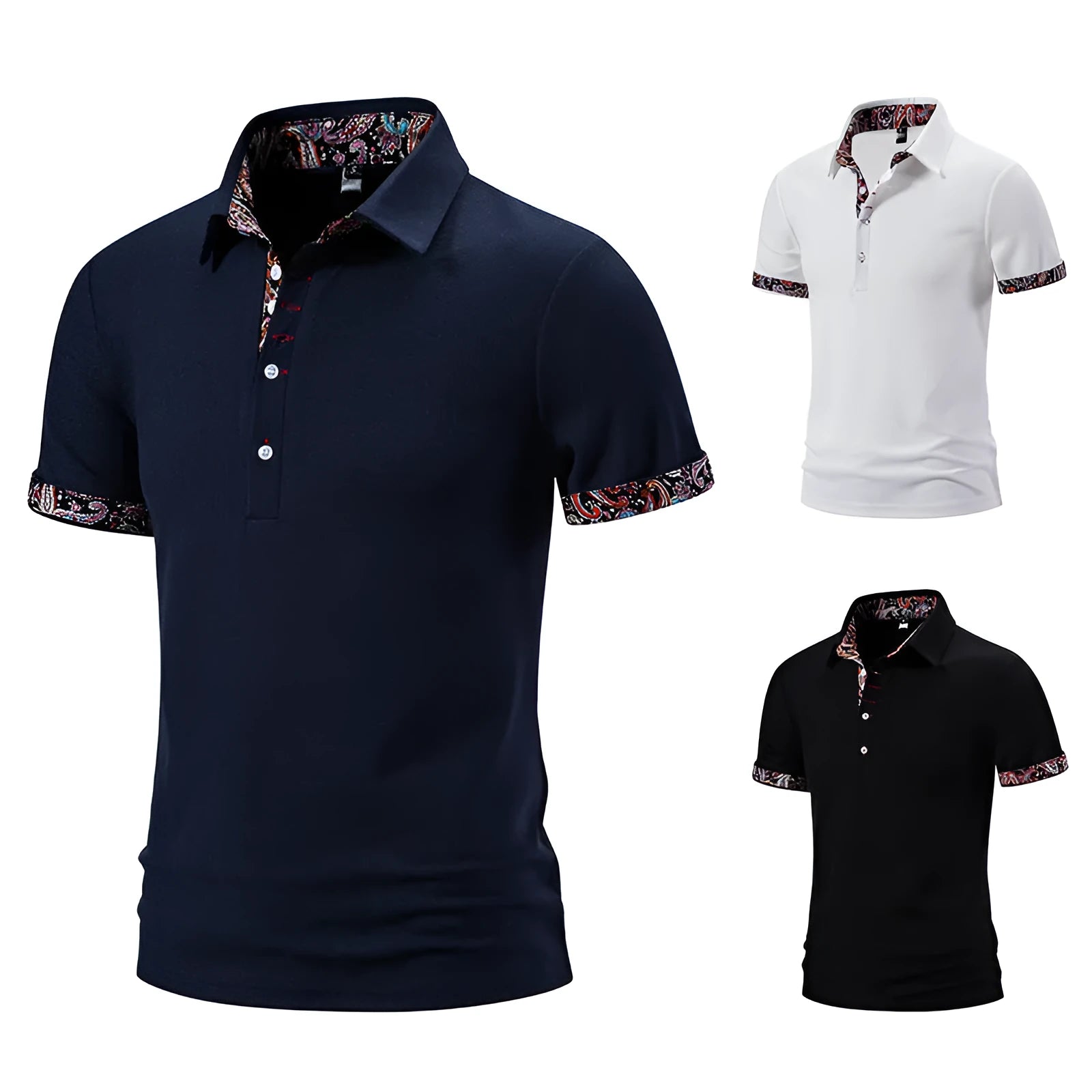 Men's polo shirt with colour contrast stitching and turnover collar in white, black, or navy blue