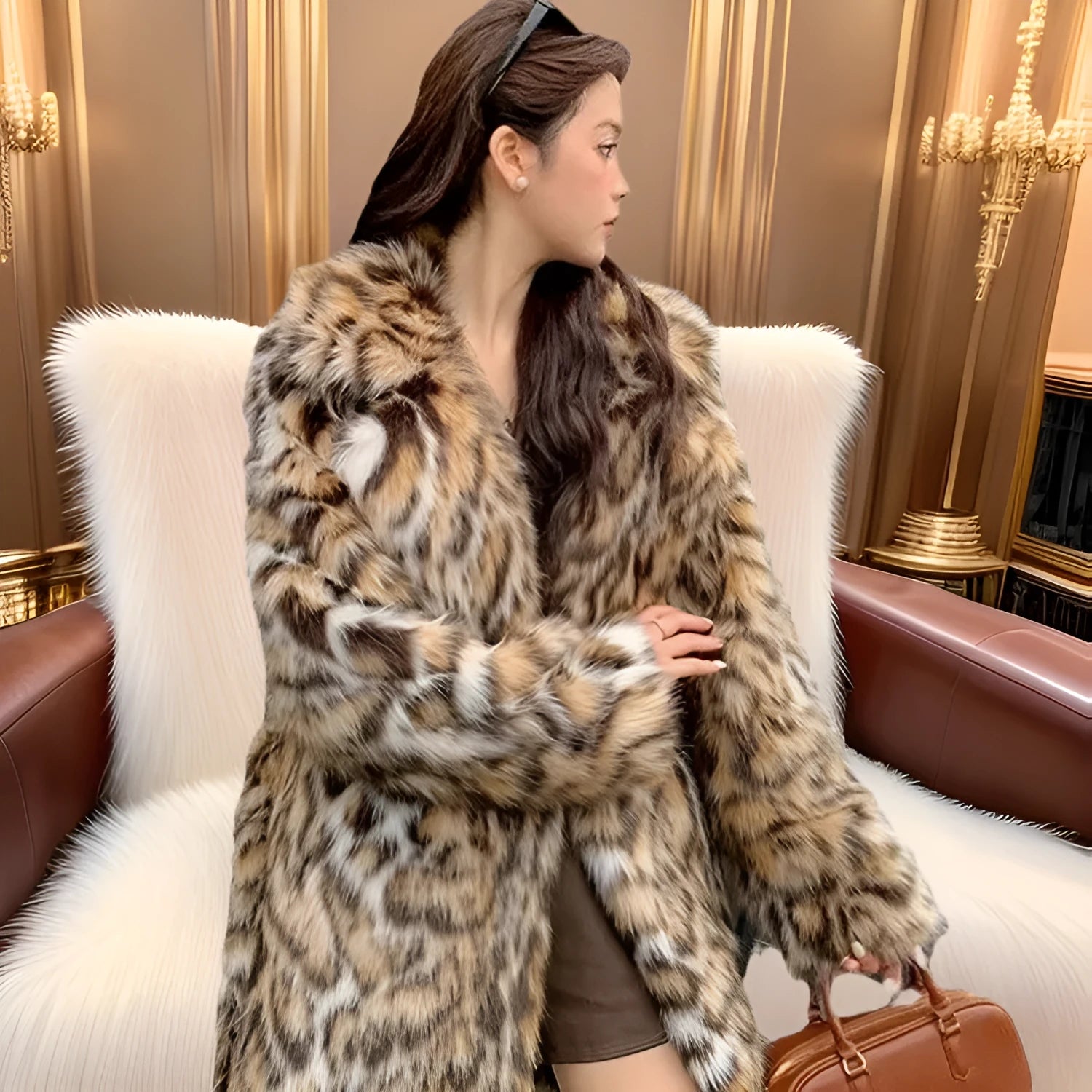 Street fashion faux fur coat with fur collar and pockets in artificial fur fabric