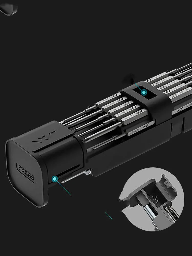 Black screwdriver set gadget with chrome-molybdenum alloy steel bits in small aluminium tube